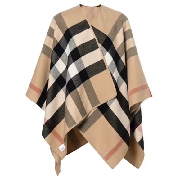 Burberry Women’s Charlotte Reversible Solid Check Wool Cape Camel 4029406 - Picture 1 of 10